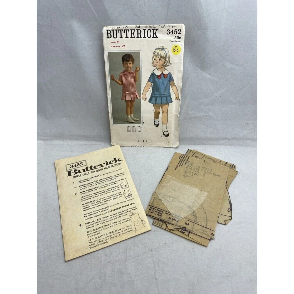 3452 Butterick Vintage Sewing Pattern Size 2 One Piece Back Button Dress Toddler